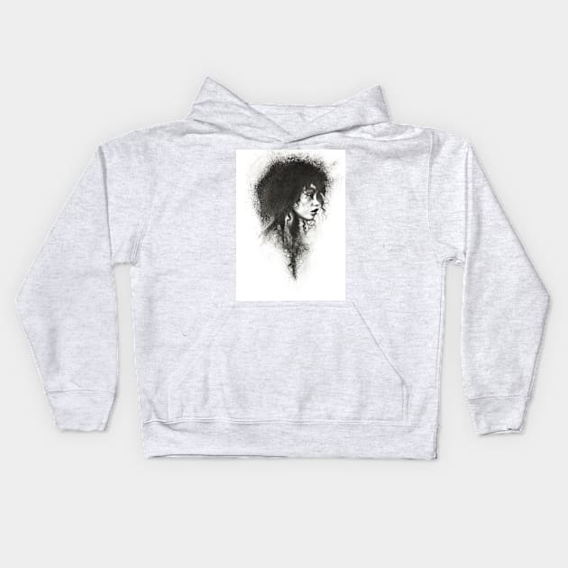 charcoal drawing of a girl with curls Kids Hoodie by stoekenbroek